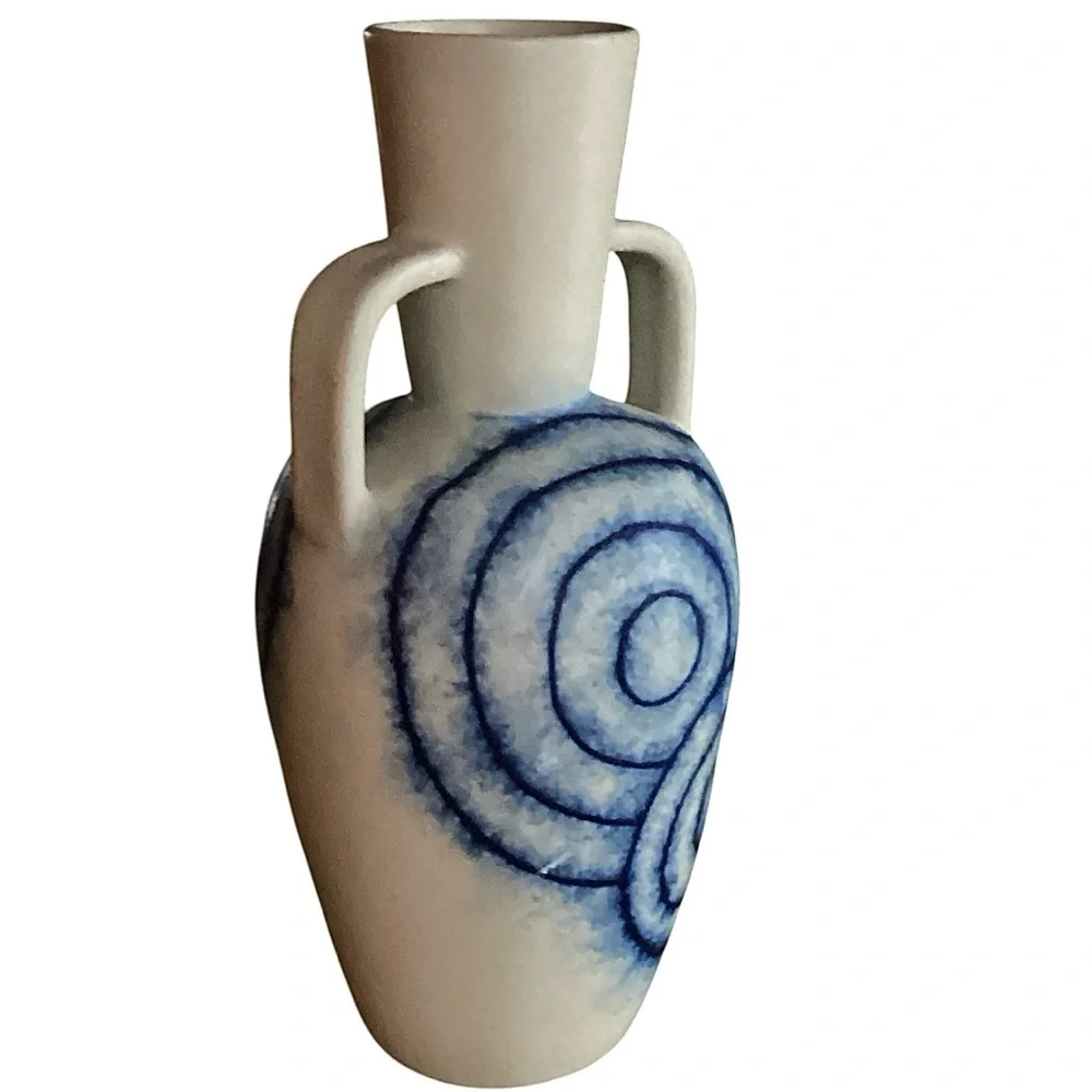 Thailand Natural & Blue Double Handled Artesian Pottery Vase Aztec Design New